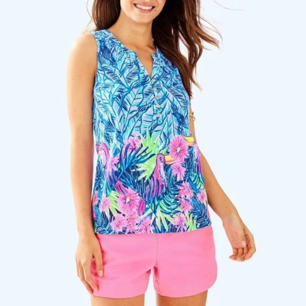 Lilly Pulitzer Bennet Blue Let's Mango Sleeveless Essie Top Sz S EUC